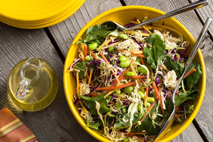 Kale and Cabbage Coleslaw with Crunchy Ramen Noodles